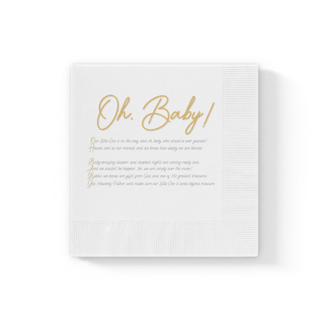 White Coined Napkins; part of Oh, Baby! Baby Shower Collection. Poem spells out, "Oh, Baby!" Great as Accessories and Decorations.