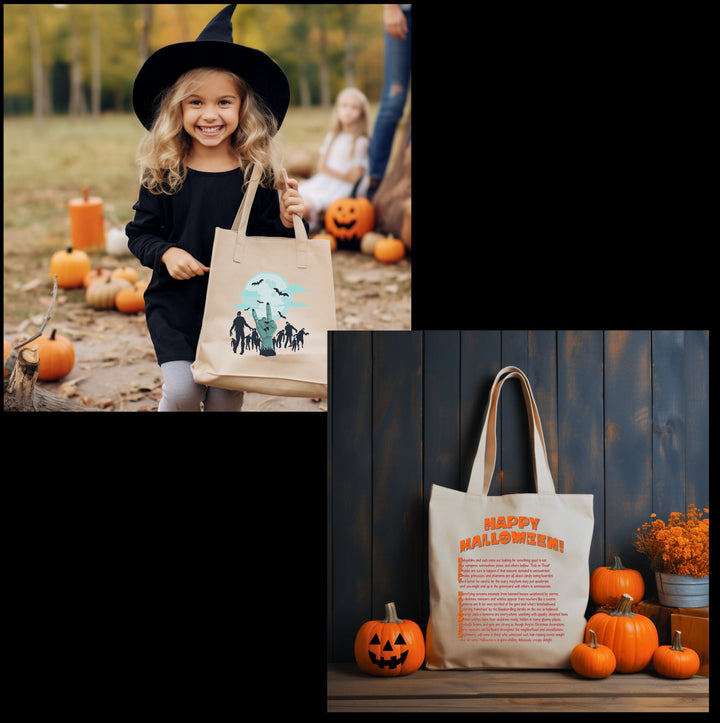 Acrostic Poem spelling out "Happy Halloween" Zombie Hand With Rock On Sign Candy Bag Totes for Kids. Great gift for Trick or Treaters!