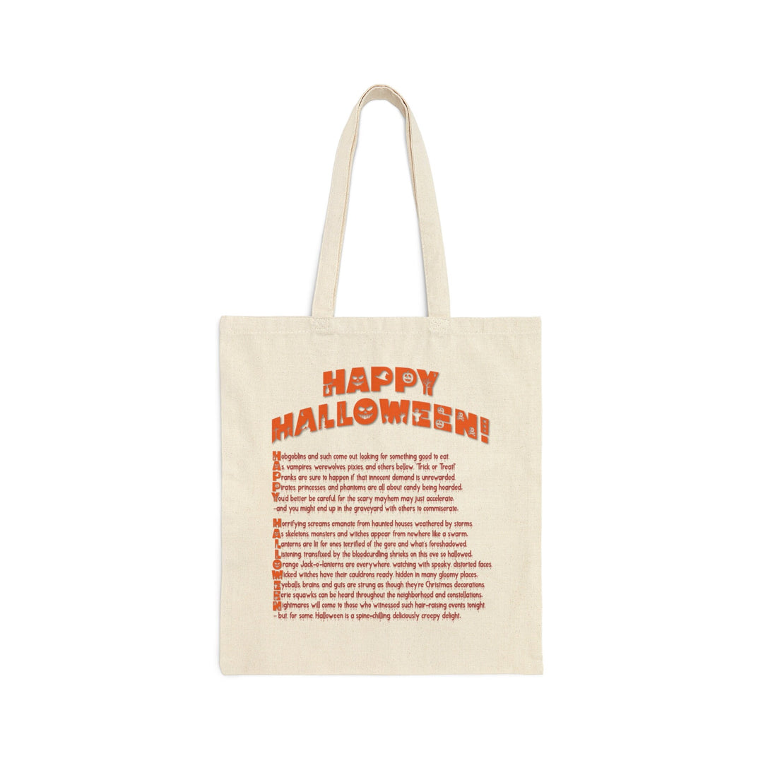 Acrostic Poem spelling out "Happy Halloween" Creepy Pumpkin Candy Bag Totes for Kids. Great gift for Trick or Treaters!
