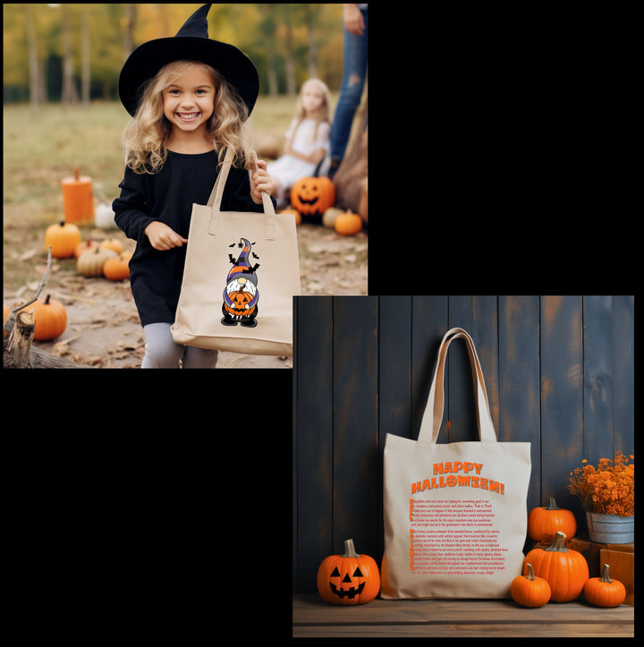 Acrostic Poem spelling out "Happy Halloween" Cute Gnome Holding Pumpkin Candy Bag Totes for Kids. Great gift for Trick or Treaters!