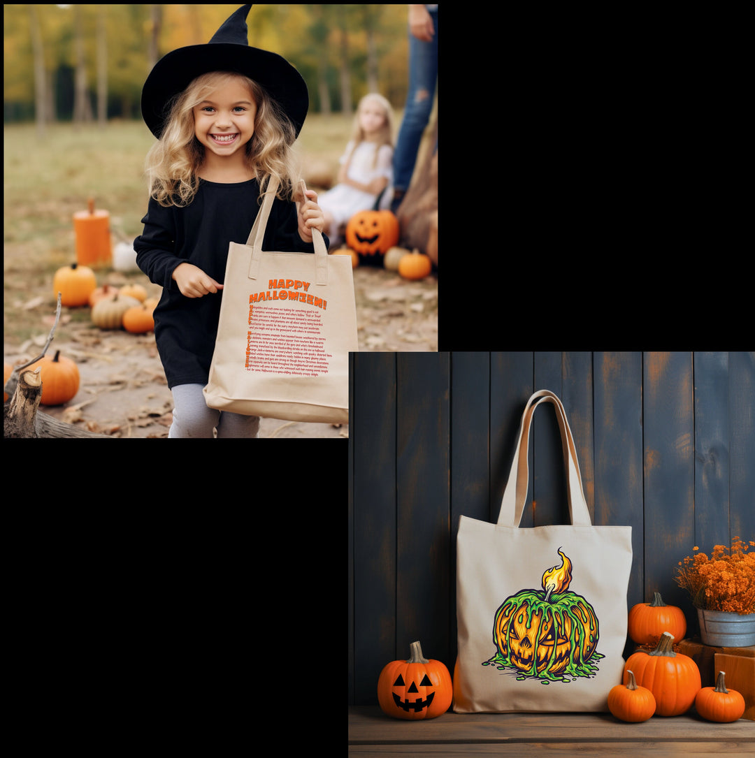Acrostic Poem spelling out "Happy Halloween" Creepy Pumpkin Candy Bag Totes for Kids. Great gift for Trick or Treaters!