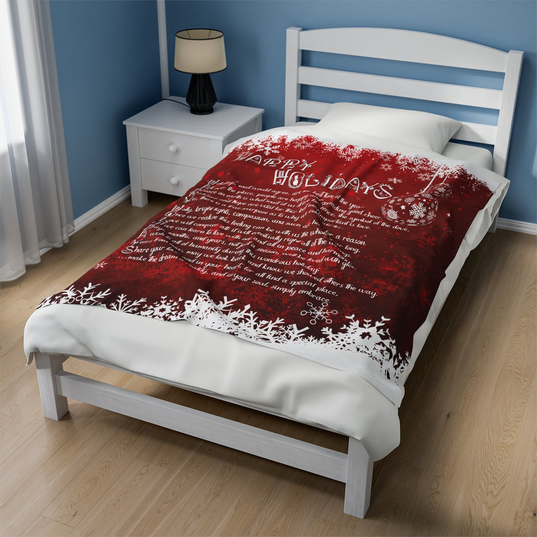 Happy Holidays Velveteen Plush Blanket with Acrostic Poem Spelling out "Happy Holidays". Christmas Gift for Child or Adult