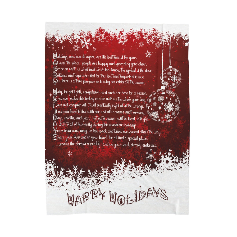 Happy Holidays Velveteen Plush Blanket with Acrostic Poem Spelling out "Happy Holidays". Christmas Gift for Child or Adult
