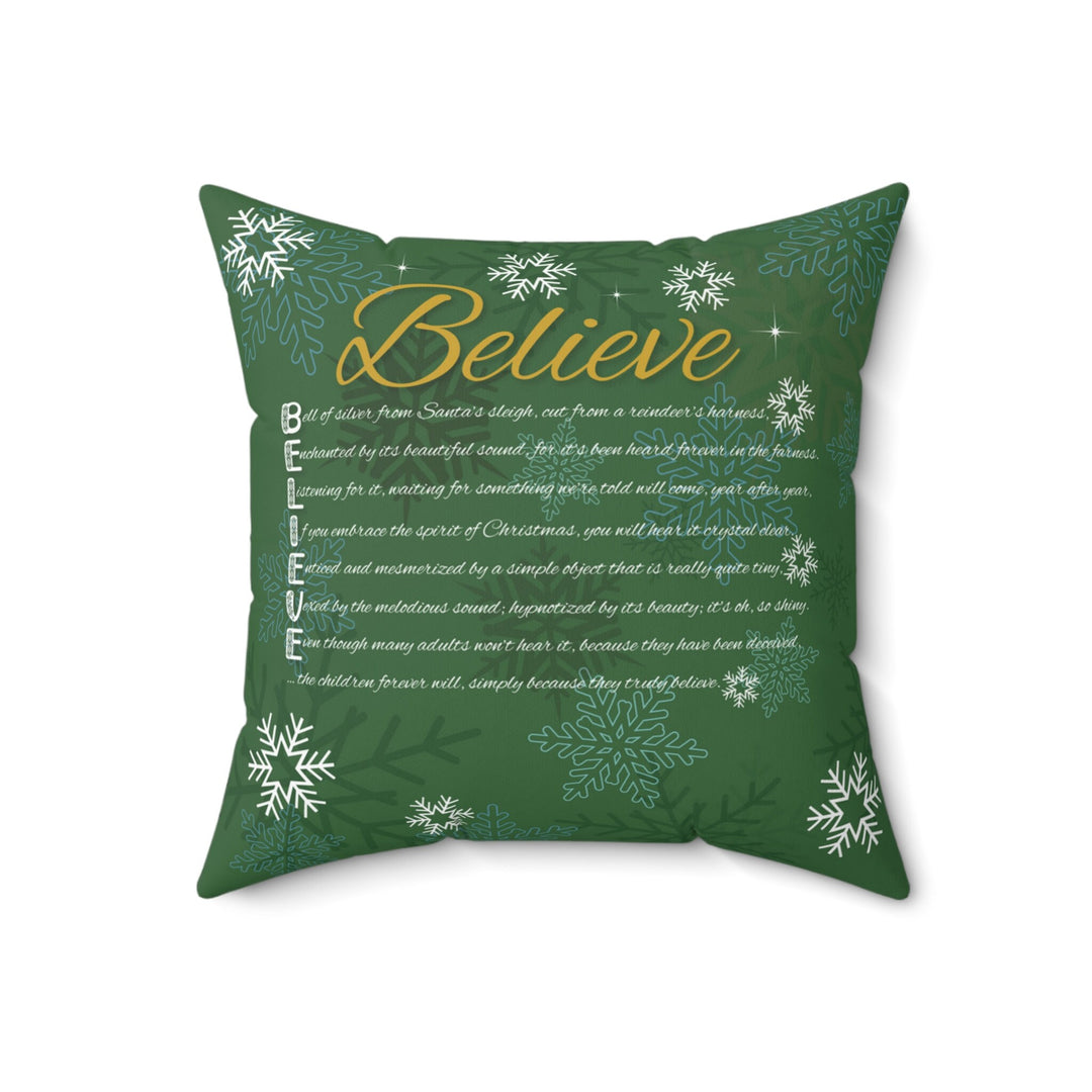 Green "Learn, Lead, Believe" Collection Holiday Pillow with Acrostic Poem Spelling out "Believe". Christmas Decor or Gift.