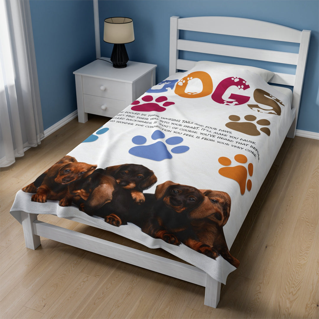 Dachshund Puppies on Velveteen Plush Blanket with Acrostic Poem Spelling out "Dogs". Christmas Gift for Child or Adult