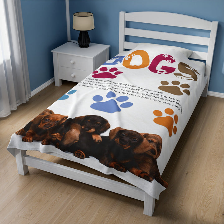 Dachshund Puppies on Velveteen Plush Blanket with Acrostic Poem Spelling out "Dogs". Christmas Gift for Child or Adult