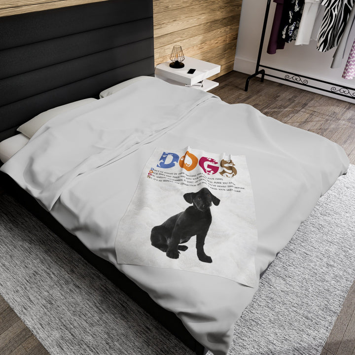 Black Puppy on Velveteen Plush Blanket with Acrostic Poem Spelling out "Dogs". Christmas Gift for Child or Adult