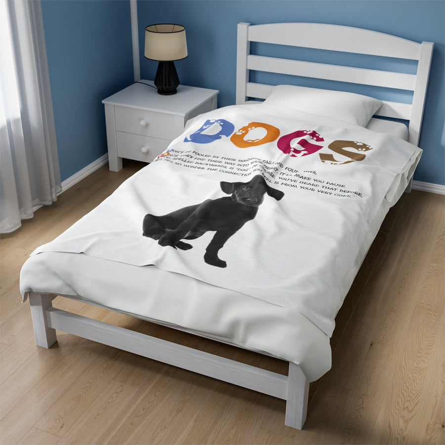 Black Puppy on Velveteen Plush Blanket with Acrostic Poem Spelling out "Dogs". Christmas Gift for Child or Adult