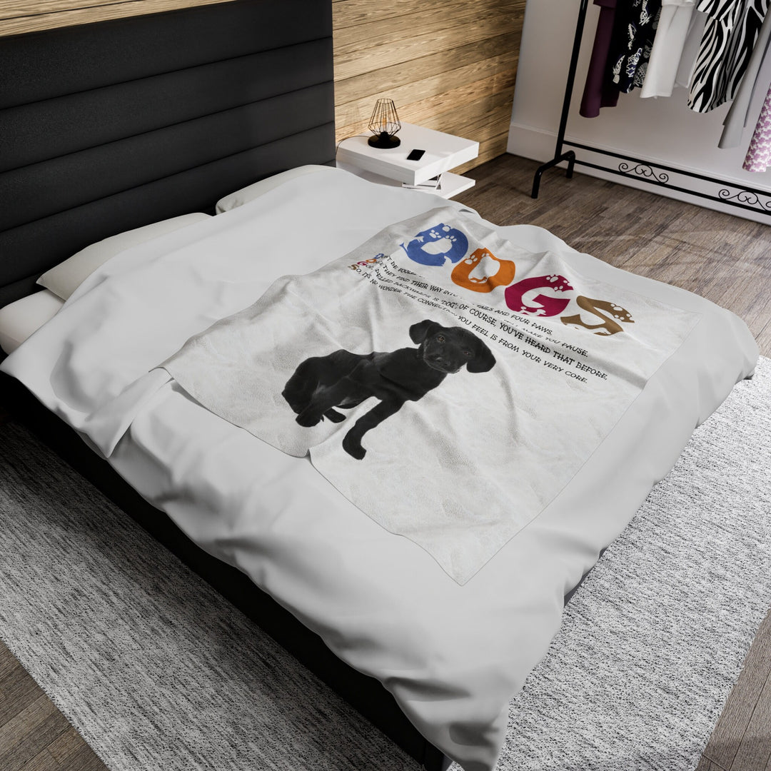 Black Puppy on Velveteen Plush Blanket with Acrostic Poem Spelling out "Dogs". Christmas Gift for Child or Adult