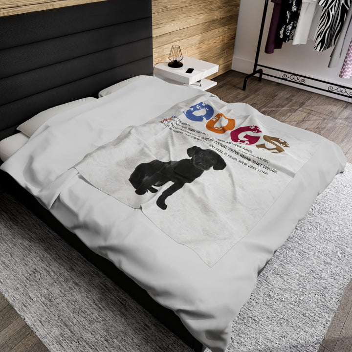 Black Puppy on Velveteen Plush Blanket with Acrostic Poem Spelling out "Dogs". Christmas Gift for Child or Adult