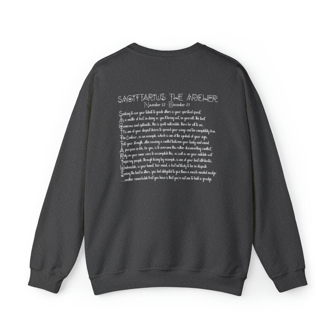 Astrology Sweatshirt with Acrostic Poem Spelling out "Sagittarius". Great Birthday or Christmas Horoscope Sign Gift for Any Zodiac Lover.