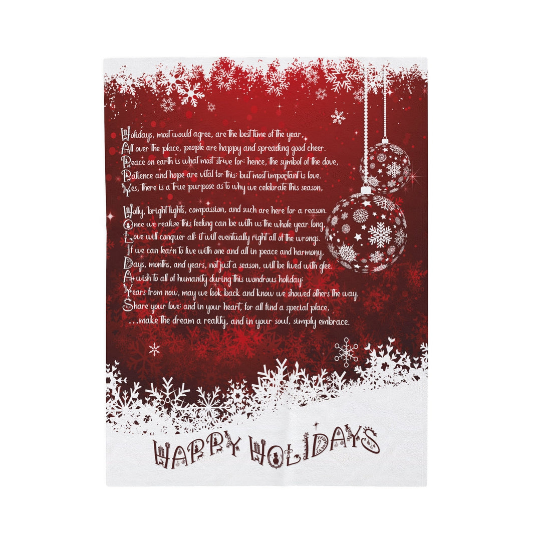 Happy Holidays Velveteen Plush Blanket with Acrostic Poem Spelling out "Happy Holidays". Christmas Gift for Child or Adult