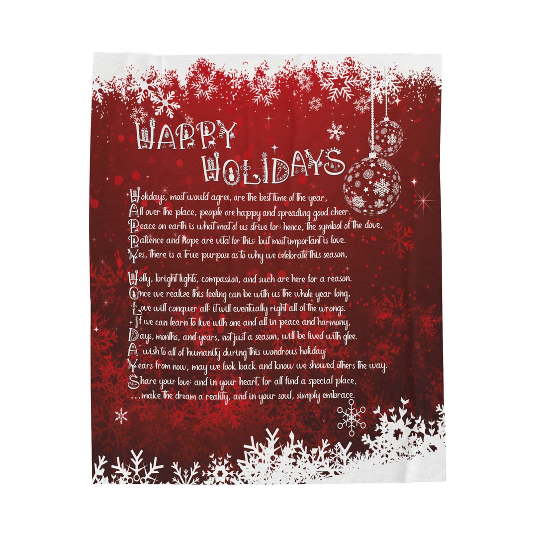 Happy Holidays Velveteen Plush Blanket with Acrostic Poem Spelling out "Happy Holidays". Christmas Gift for Child or Adult