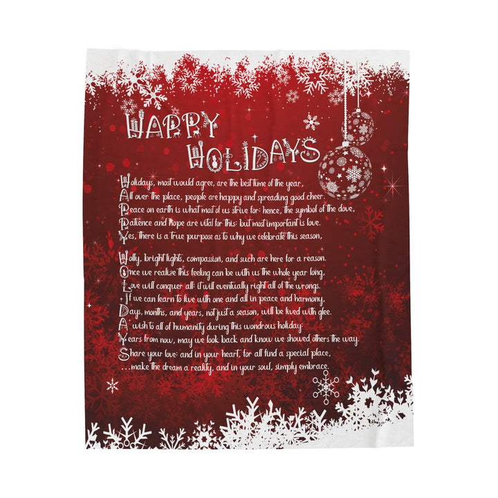 Happy Holidays Velveteen Plush Blanket with Acrostic Poem Spelling out "Happy Holidays". Christmas Gift for Child or Adult