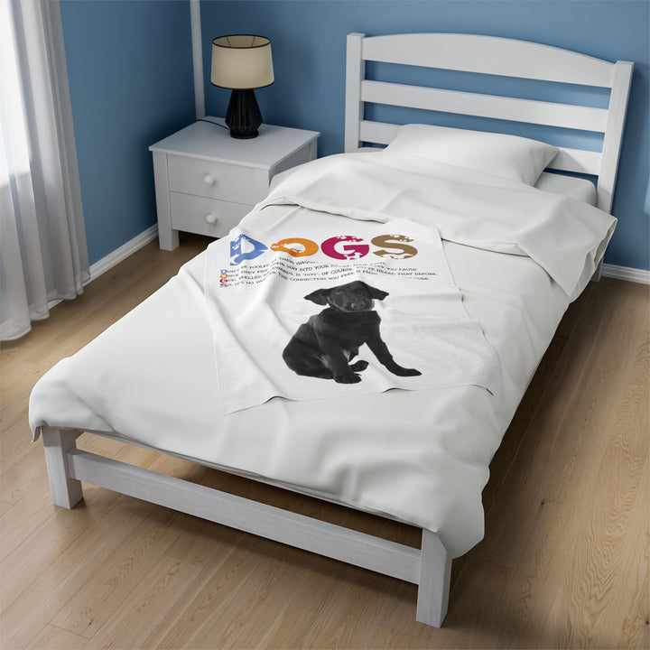 Black Puppy on Velveteen Plush Blanket with Acrostic Poem Spelling out "Dogs". Christmas Gift for Child or Adult