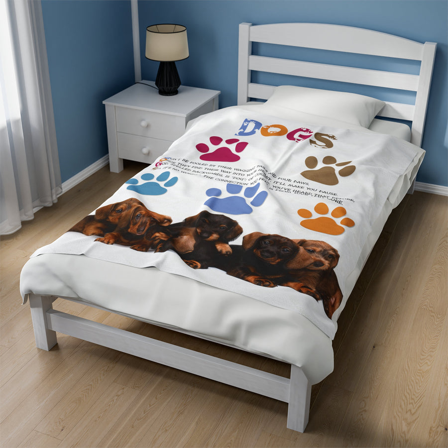 Dachshund Puppies on Velveteen Plush Blanket with Acrostic Poem Spelling out "Dogs". Christmas Gift for Child or Adult