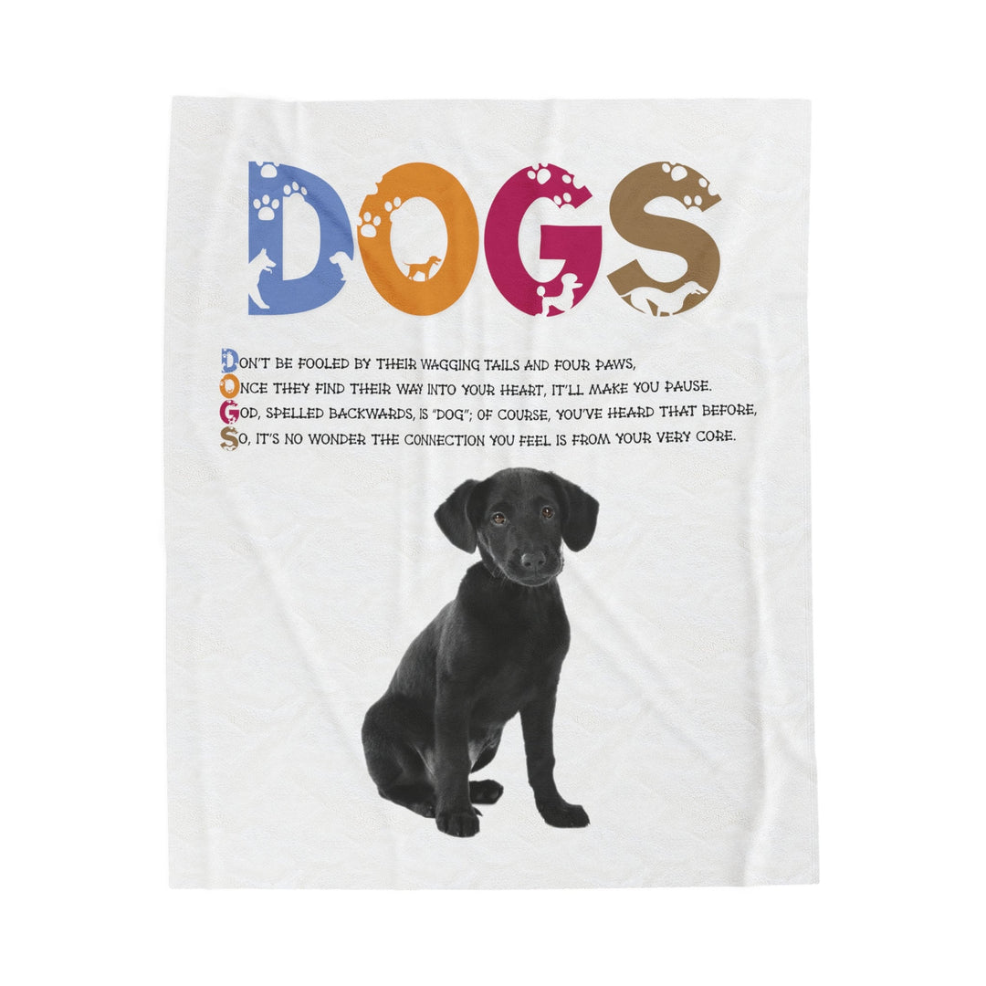 Black Puppy on Velveteen Plush Blanket with Acrostic Poem Spelling out "Dogs". Christmas Gift for Child or Adult