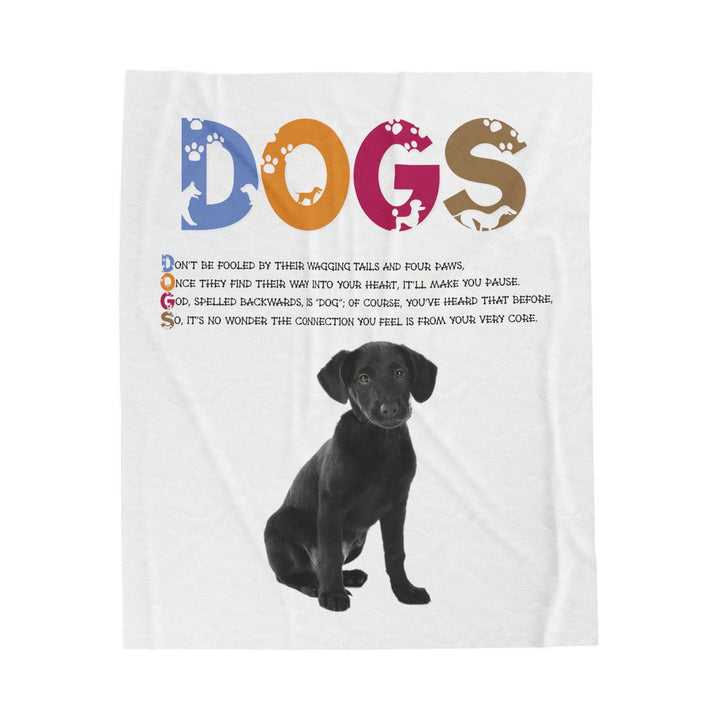 Black Puppy on Velveteen Plush Blanket with Acrostic Poem Spelling out "Dogs". Christmas Gift for Child or Adult