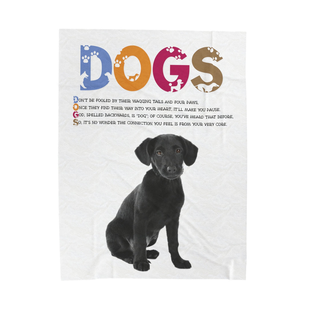 Black Puppy on Velveteen Plush Blanket with Acrostic Poem Spelling out "Dogs". Christmas Gift for Child or Adult