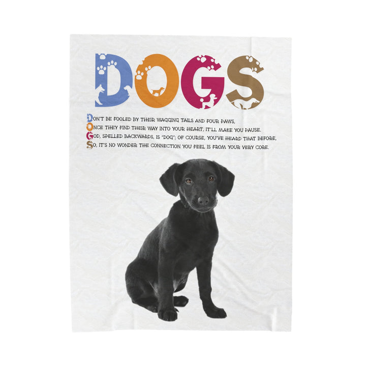 Black Puppy on Velveteen Plush Blanket with Acrostic Poem Spelling out "Dogs". Christmas Gift for Child or Adult