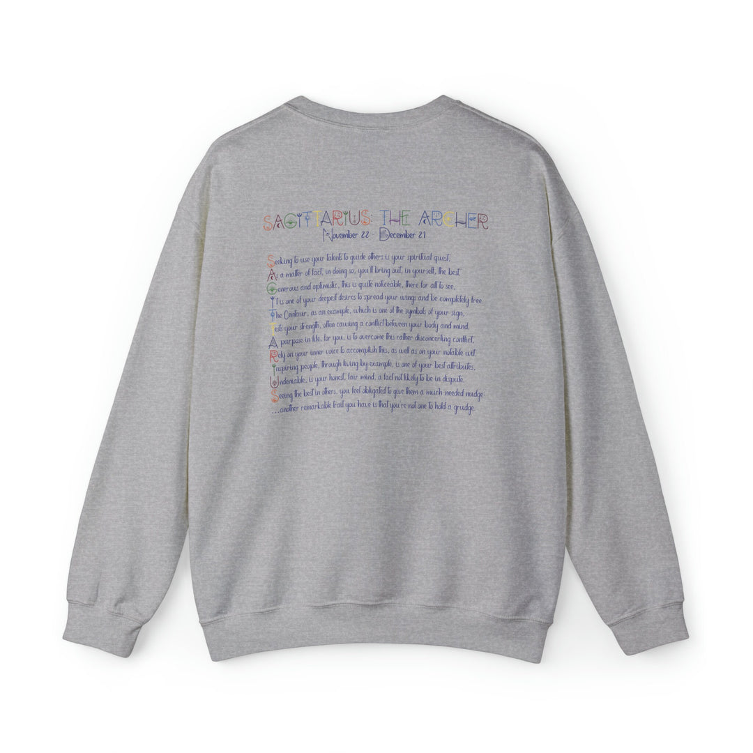 Astrology Sweatshirt with Acrostic Poem Spelling out "Sagittarius". Great Birthday or Christmas Horoscope Sign Gift for Any Zodiac Lover.